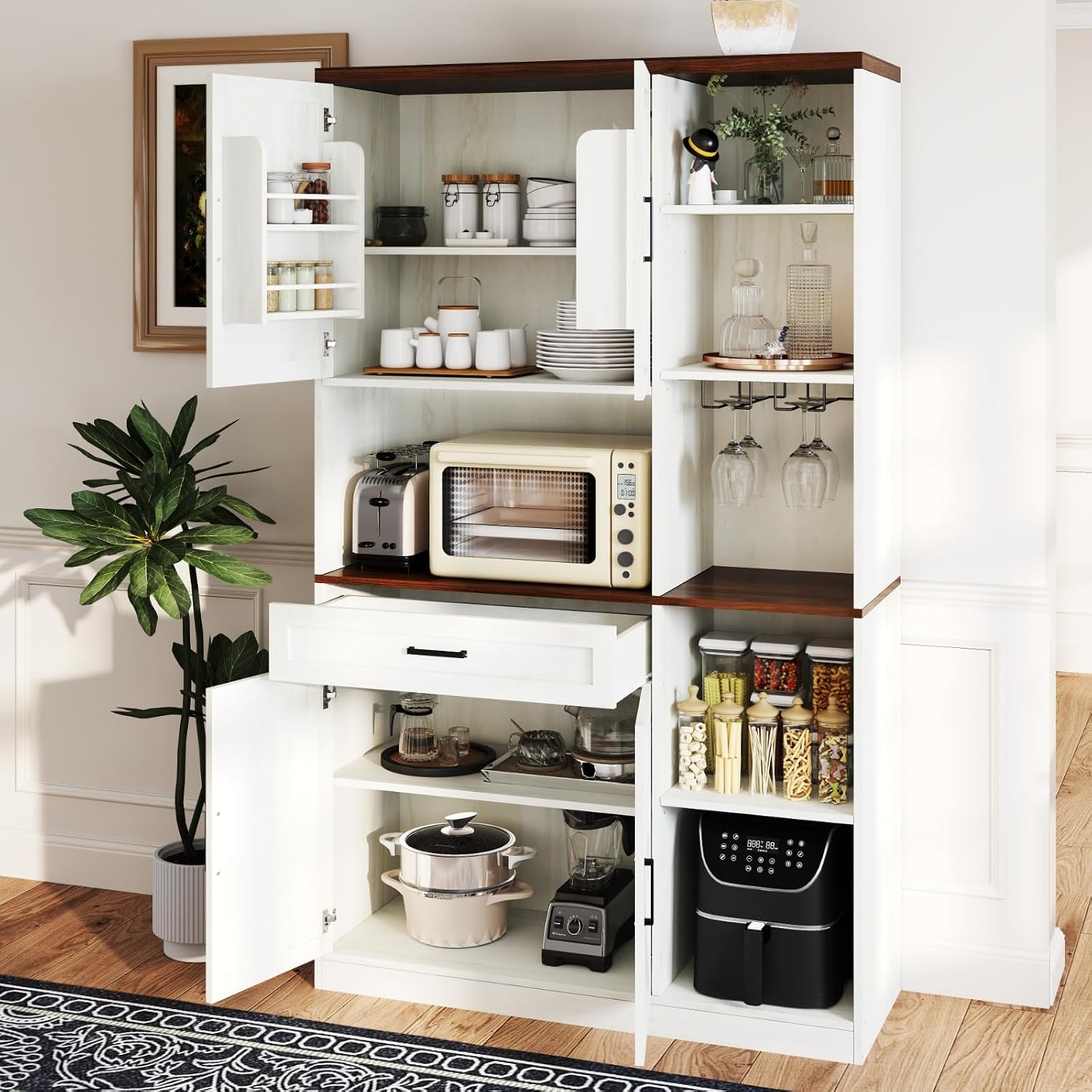71'' Farmhouse Kitchen Pantry Cabinet,LED Sideboard with Hutch&Glass Holder,Tall Kitchen Cabinet with Barn Doors, Pantry Hutch with Countertop&Shelves for Dining Room