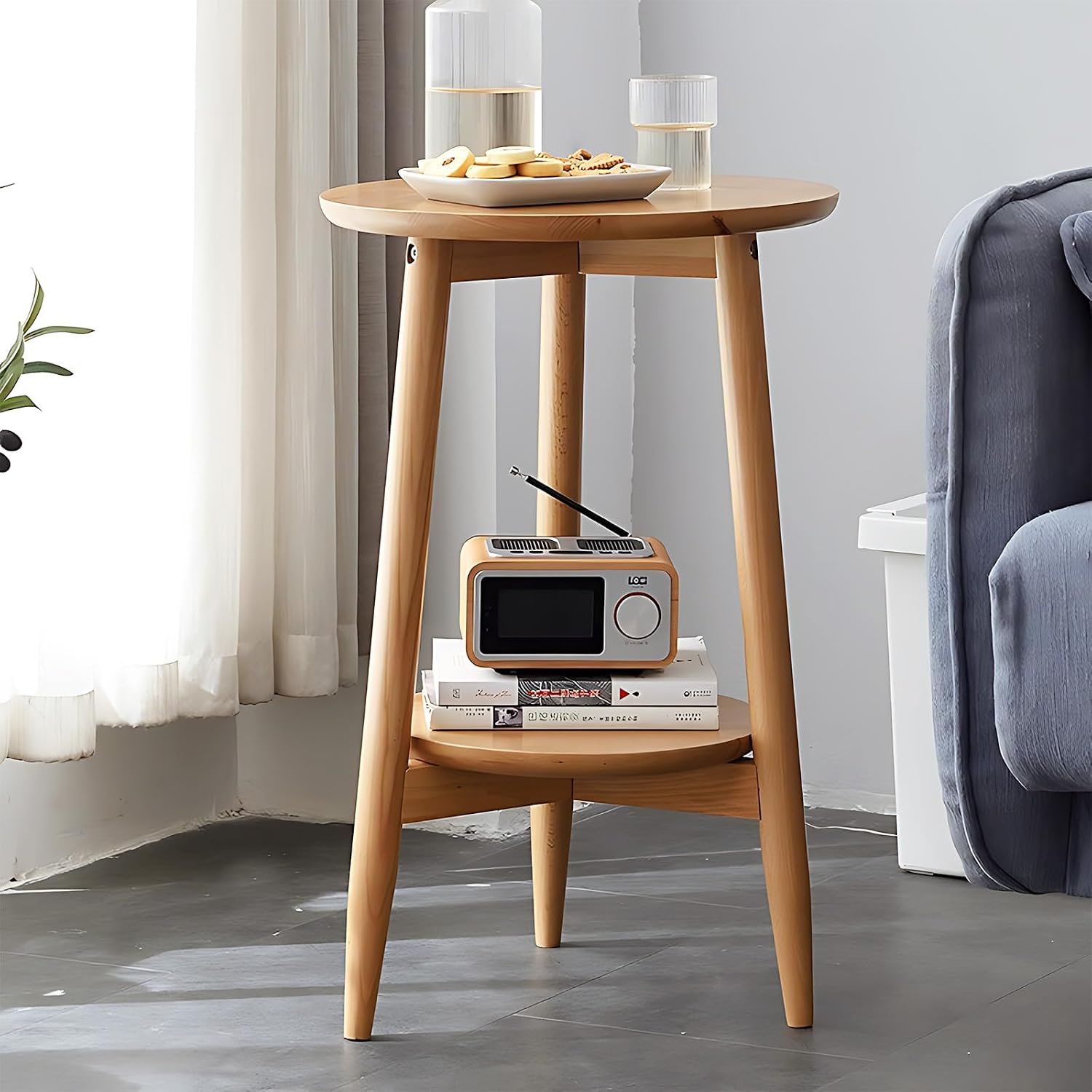 Side Table, Small Round End Table with 2-Tier Shelf, Solid Wood Nightstand for Living Room Bedroom, Mid Century Modern Accent Table for Small Spaces, Natural 19.49" D x 24.02" H