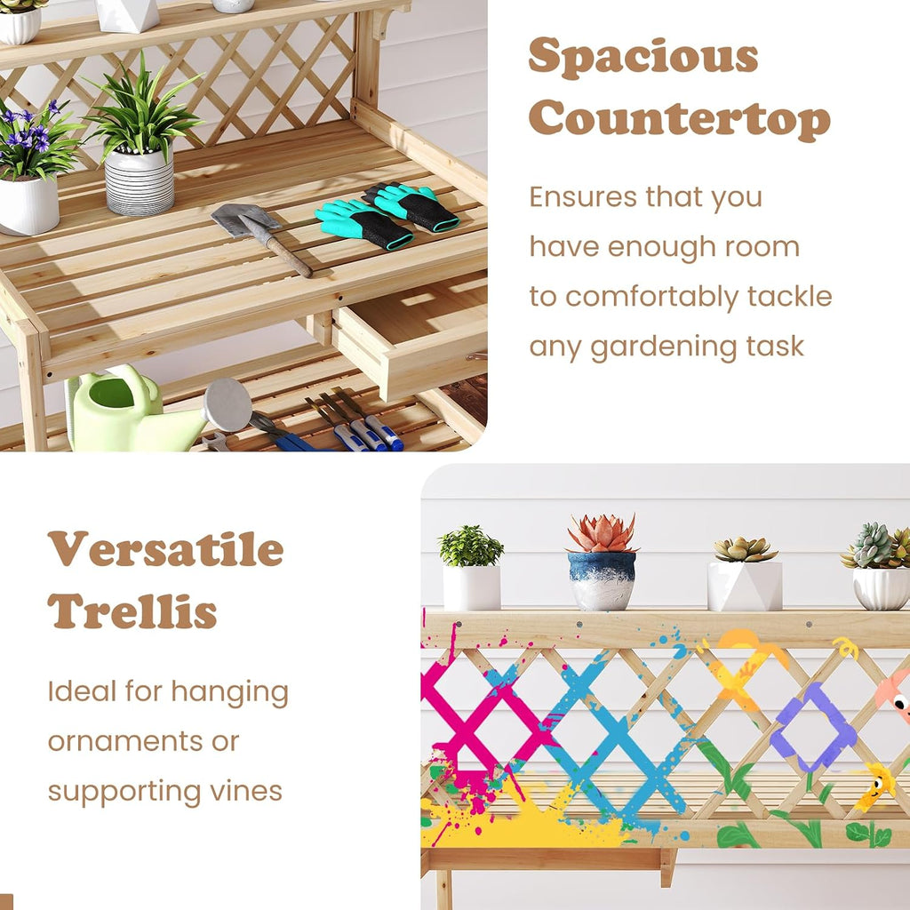 TANGZON Garden Potting Table, Solid Fir Wood Planting Workstation with Versatile trellis, Drawer, Raised Edge, Top & Lower Shelf, Wooden Flower Potting Bench for Backyard Balcony Lawn