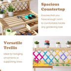 TANGZON Garden Potting Table, Solid Fir Wood Planting Workstation with Versatile trellis, Drawer, Raised Edge, Top & Lower Shelf, Wooden Flower Potting Bench for Backyard Balcony Lawn
