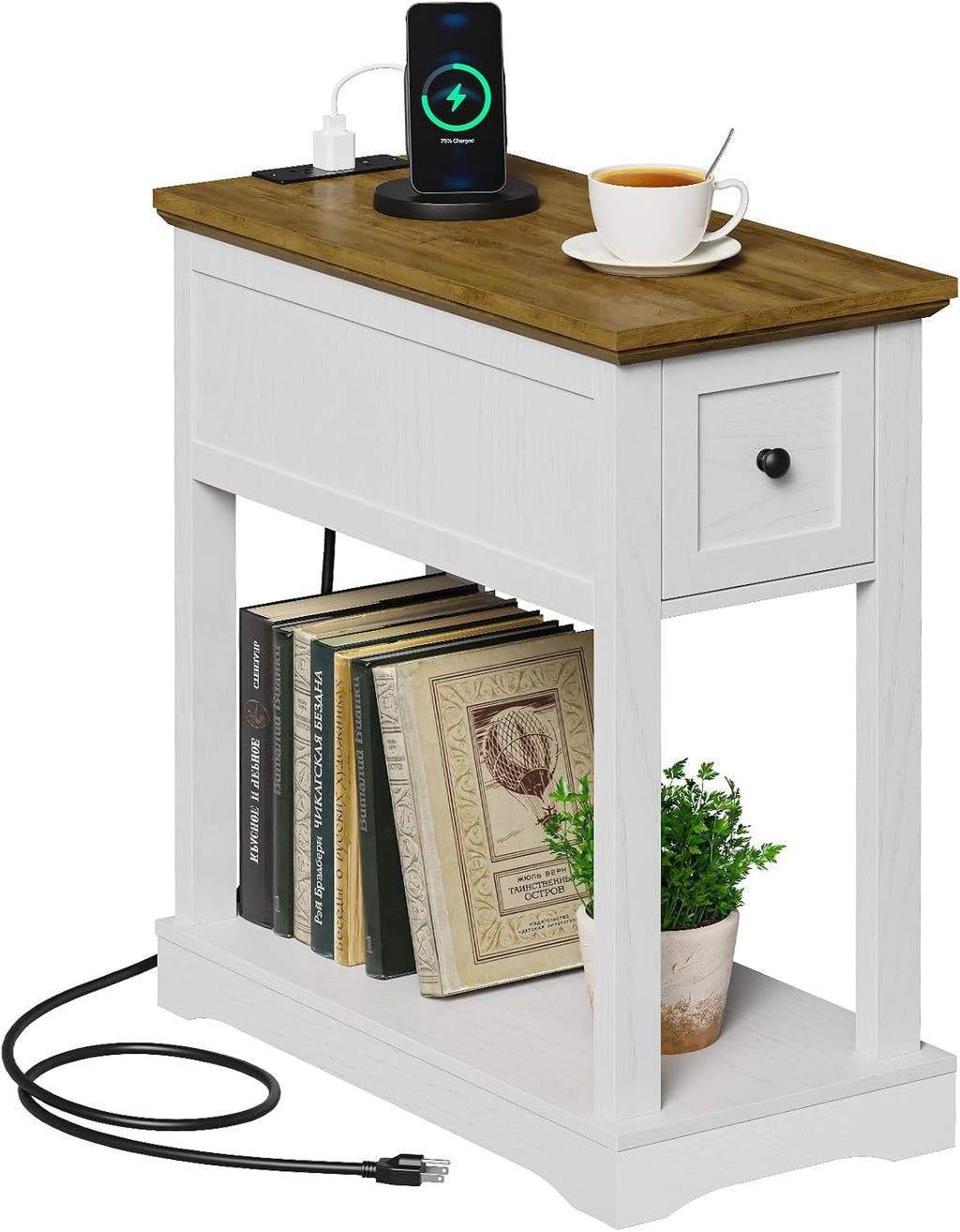 Farmhouse End Table with Storage Drawer, Narrow Side Table with Charging Station, Nightstand, Thicken Base, for Living Room, Bedroom, Rustic Brown and White