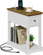 Farmhouse End Table with Storage Drawer, Narrow Side Table with Charging Station, Nightstand, Thicken Base, for Living Room, Bedroom, Rustic Brown and White