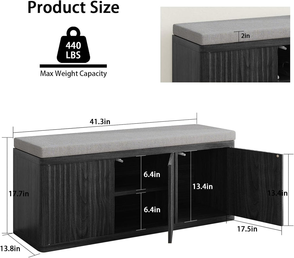 2-Tier Shoe Storage Bench with Cushion, 41.3" Entryway Bench with Padded Seat Cushion, Hidden Shoe Cabinet Storage for Hallway, Living Room, Bedroom,Black