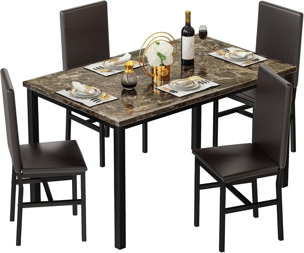 Lamerge Dining Table Set for 4, Faux Marble Table and 4 PU Leather Chairs, Kitchen Table and Chairs for 4, Modern Dining Room Table Sets for Small Spaces, Living Room, Breakfast Nook, (Coffee Color)