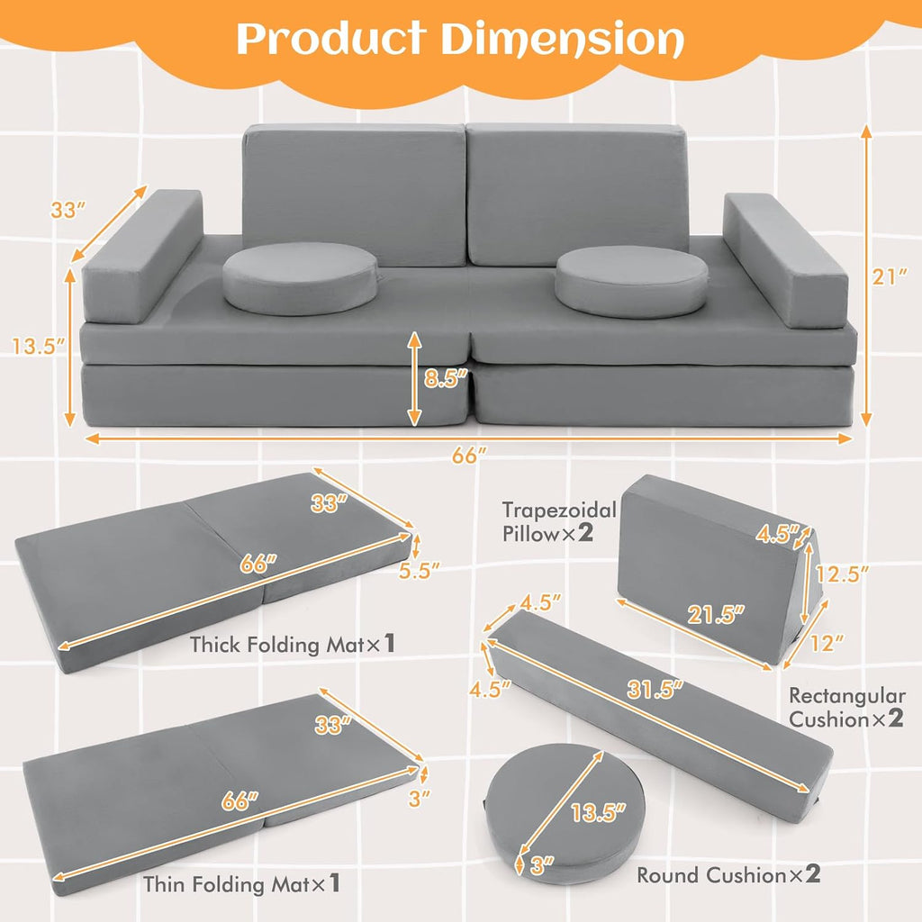 Costzon Kids Play Couch Sofa, Large Modular Folding Sofa Building Fort Playset with Handle, Machine-Washable Cover, Convertible Foam Cushion for Playroom Bedroom Boys Girls Gifts (10-Piece, Gray)