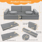 Costzon Kids Play Couch Sofa, Large Modular Folding Sofa Building Fort Playset with Handle, Machine-Washable Cover, Convertible Foam Cushion for Playroom Bedroom Boys Girls Gifts (10-Piece, Gray)