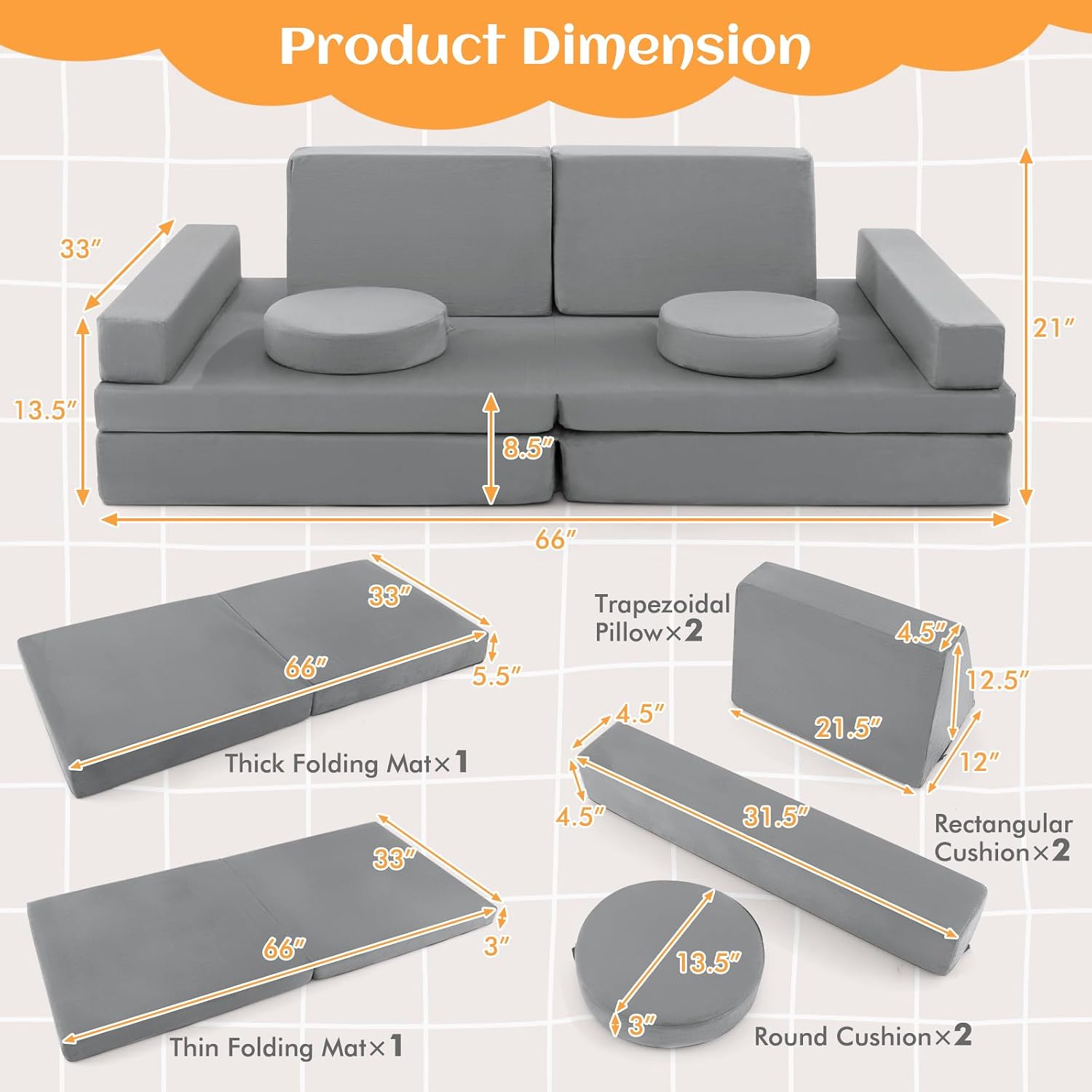 Costzon Kids Play Couch Sofa, Large Modular Folding Sofa Building Fort Playset with Handle, Machine-Washable Cover, Convertible Foam Cushion for Playroom Bedroom Boys Girls Gifts (10-Piece, Gray)