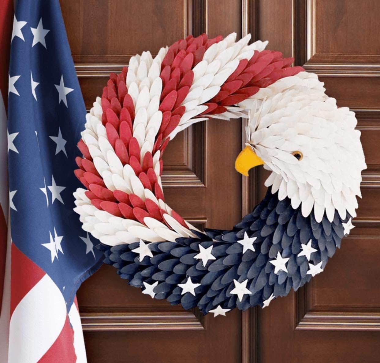 Patriotic Wreaths for Front Door, New 250th Anniversary Decorations, 4th of July Decorations Outdoor, Handcrafted Memorial Day Wreaths, Festival Celebration USA Flag Printed Wreath (D)