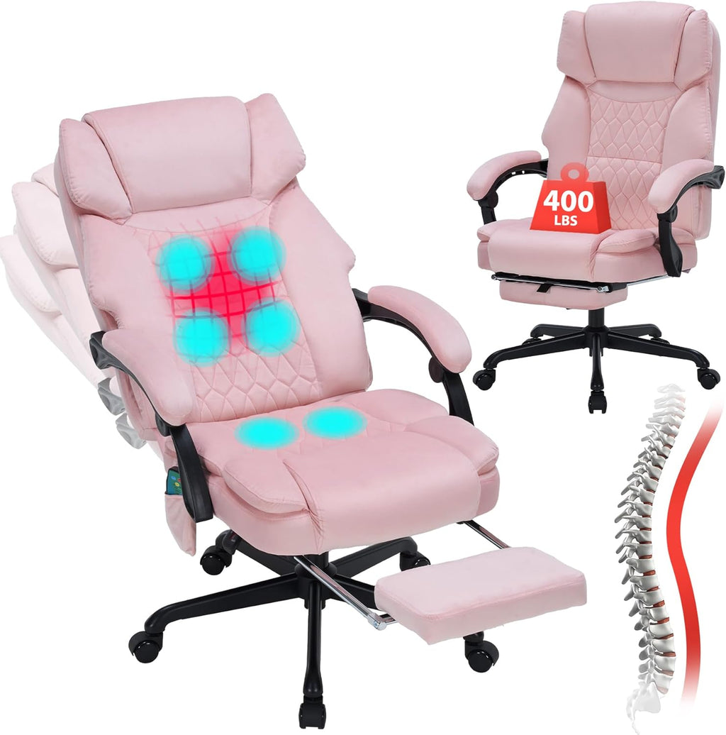 Massage Office Chair with Foot Rest 6 Points Vibration and Heat Home Office Desk Chairs for Heavy People 400lbs Reclining Managerial Chairs Ergonomic Executive Chair (Pink)