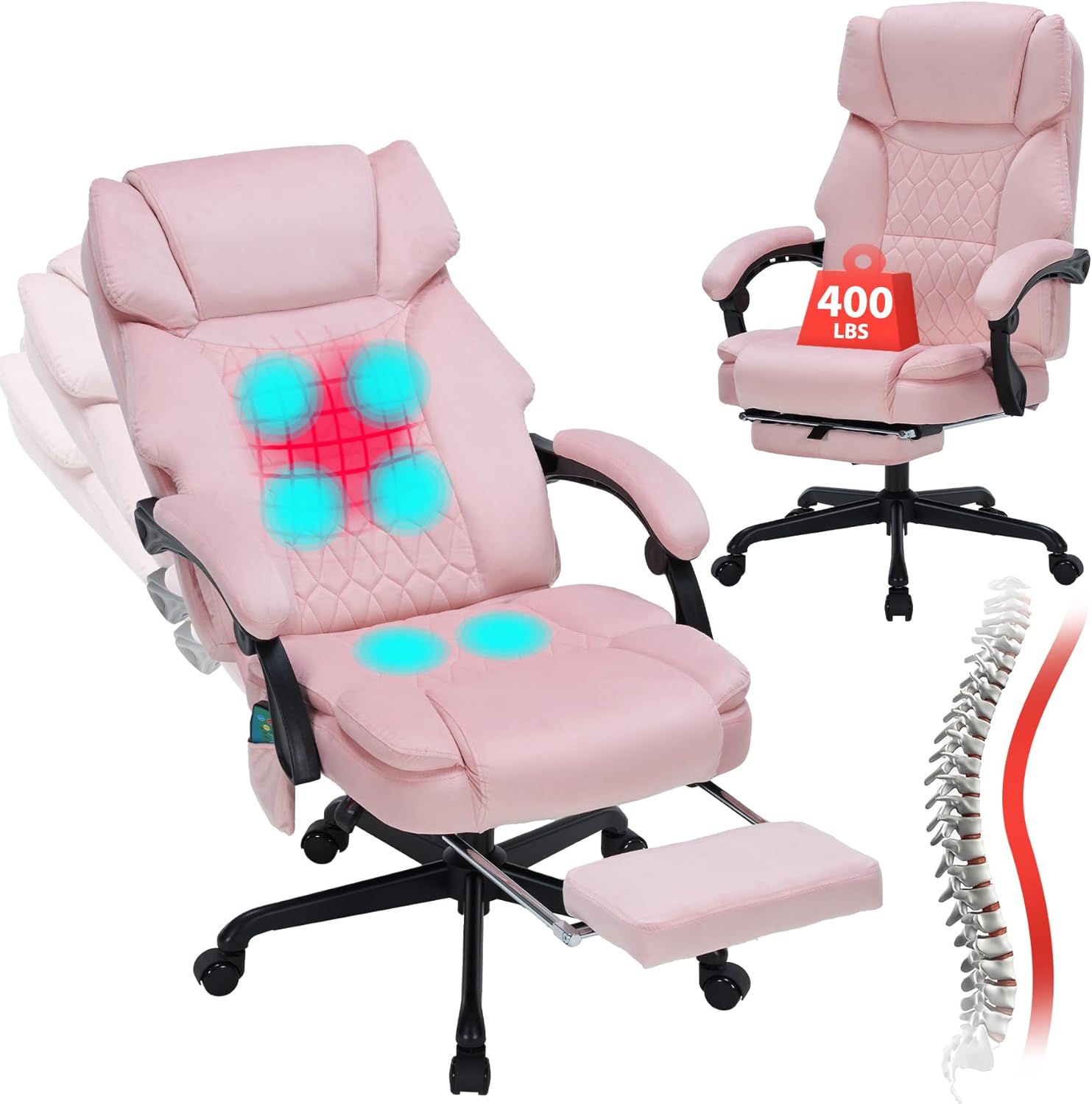 Massage Office Chair with Foot Rest 6 Points Vibration and Heat Home Office Desk Chairs for Heavy People 400lbs Reclining Managerial Chairs Ergonomic Executive Chair (Pink)