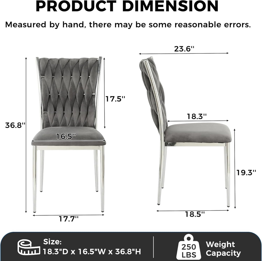 Velvet Dining Chairs Set of 4, Modern Upholstered Kitchen Chairs with Silver Metal Legs, Woven Velvet Fabric and High Back, Dirt Resistance, Easy to Assemble, for Home, Living Room - Dark Grey