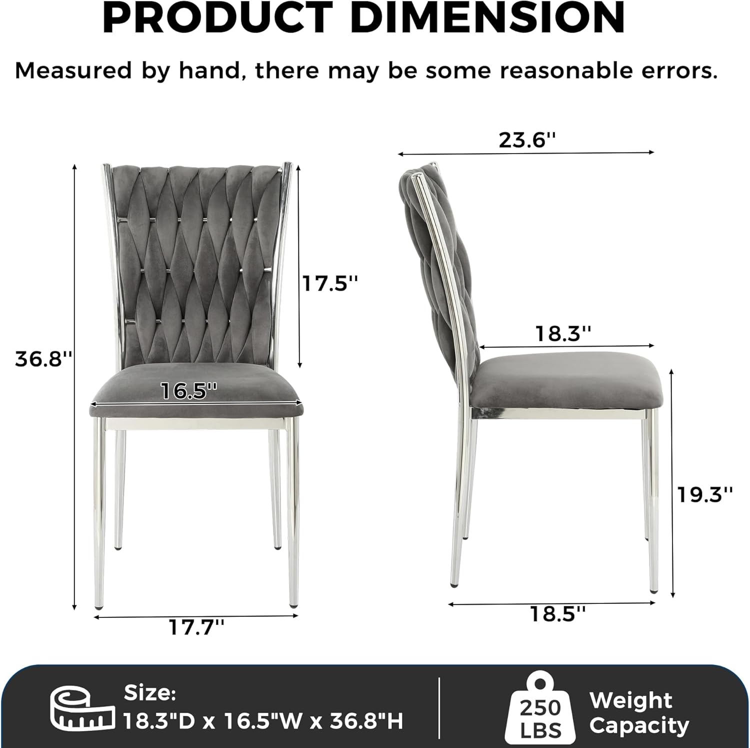 Velvet Dining Chairs Set of 4, Modern Upholstered Kitchen Chairs with Silver Metal Legs, Woven Velvet Fabric and High Back, Dirt Resistance, Easy to Assemble, for Home, Living Room - Dark Grey
