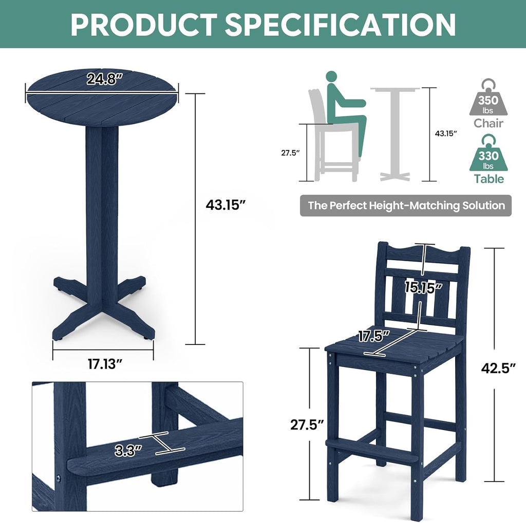Outdoor Bar Stools Set of 2, HDPE Tall Adirondack Bar Chairs 27.5 Inch Seat Height w/Backrest, All Weather Patio Bar Height Chairs for Bistro Balcony Deck Poolside (Navy Blue)