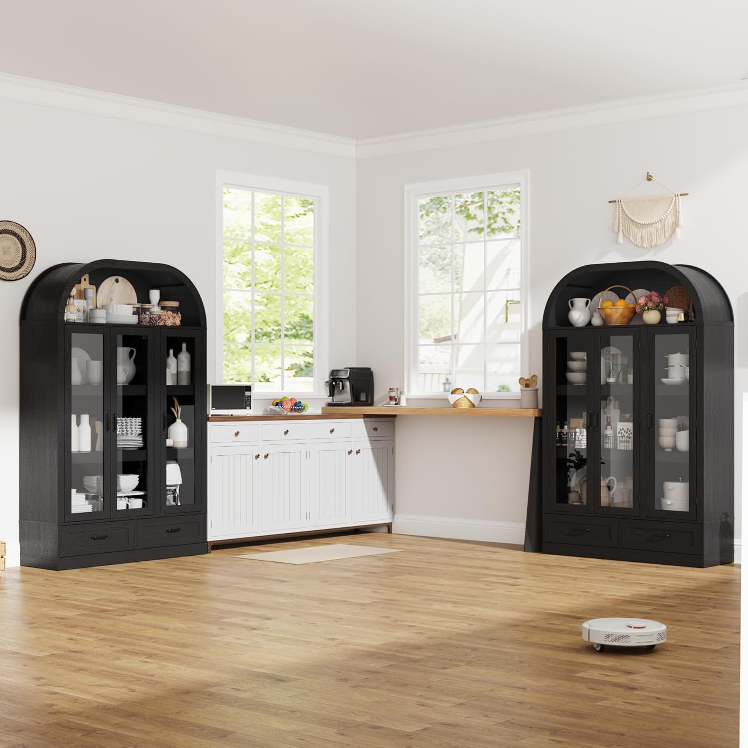 73" Tall Arched Kitchen Pantry Cabinet w Load-Bearing Steel Pipe,Modern Farmhouse Kitchens Storage Cabinet with Drawer and Glass Doors,Tall Arched Bookcase,Pantry Organizer(Woodgrain Black)