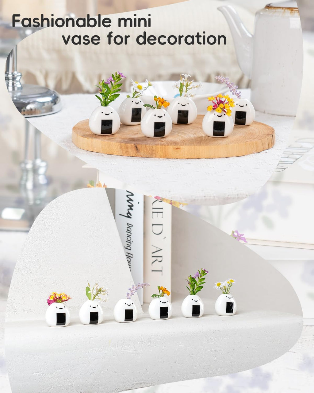 6 PCS Cute Handmade Ceramic Mini Vases - Japanese Onigiri Rice Ball Design for Dried Flowers and Small Stems, Adorable Mini Table Decor, Unique Japanese Craft Gift
