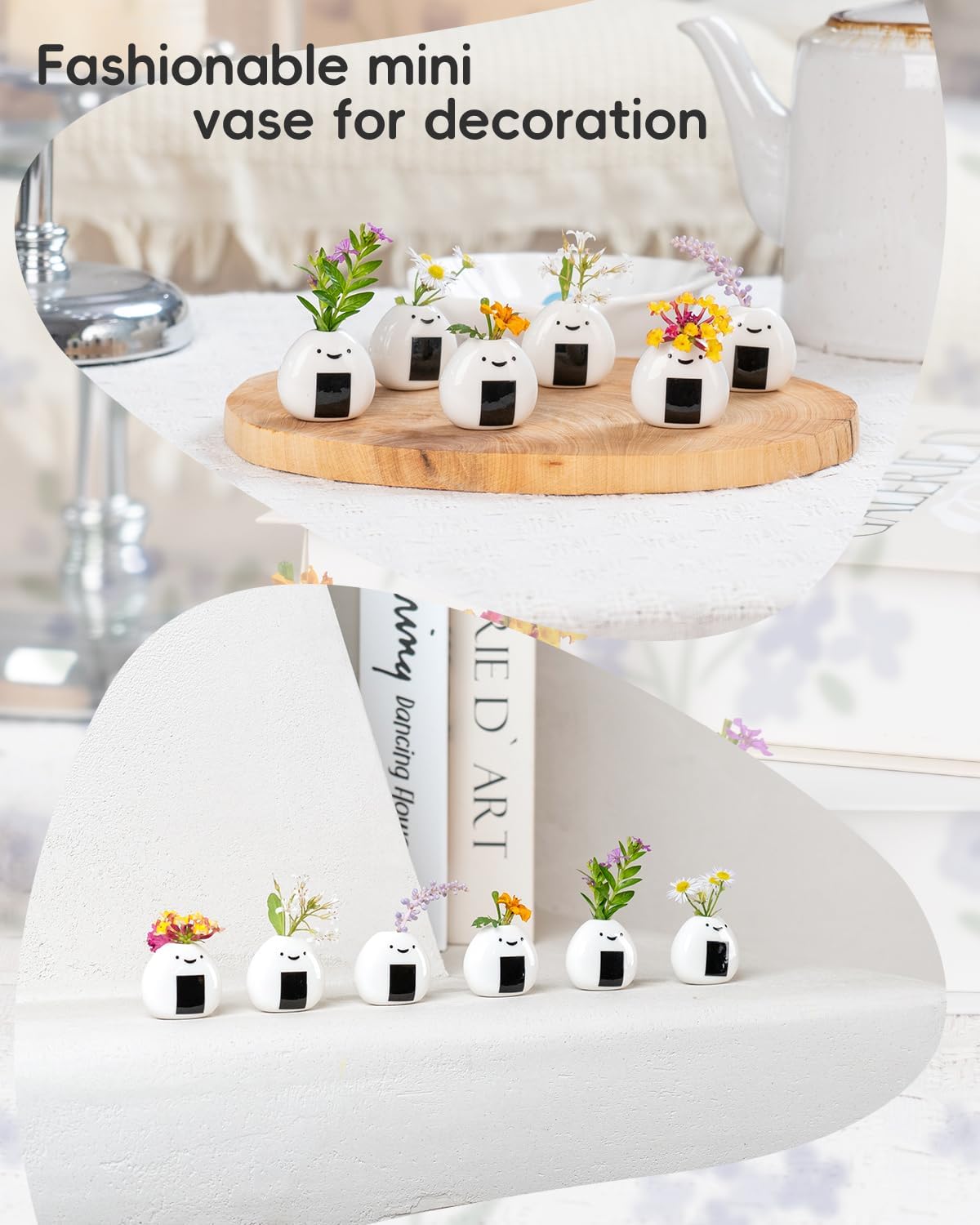 6 PCS Cute Handmade Ceramic Mini Vases - Japanese Onigiri Rice Ball Design for Dried Flowers and Small Stems, Adorable Mini Table Decor, Unique Japanese Craft Gift