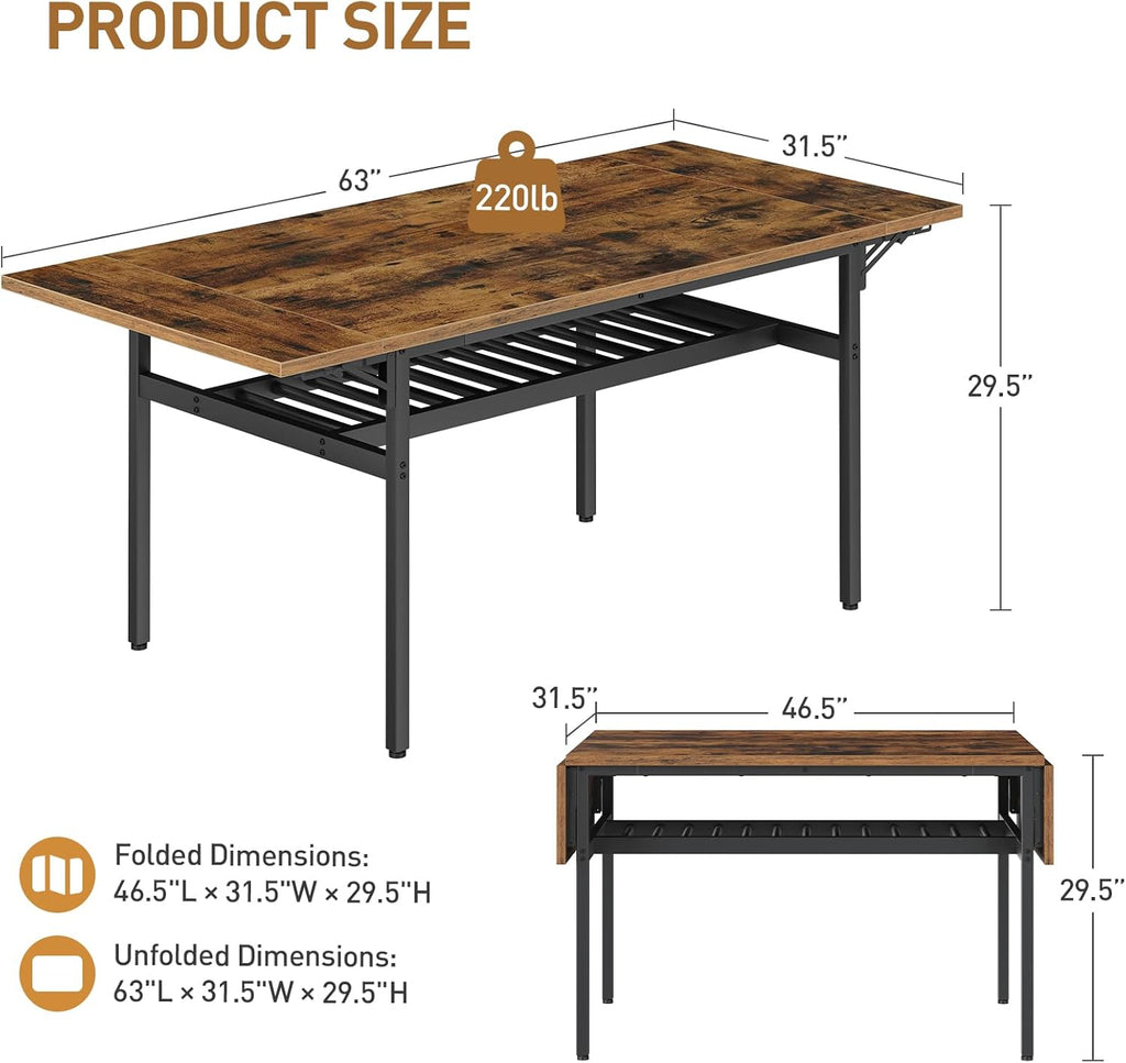 RALGEND 63" Extendable Dining Table for 4-6, Folding Kitchen Table with Drop Leaf, Farmhouse Dining Room Tables with Wine Rack, for Kitchen and Dining Room, Rustic Brown and Black