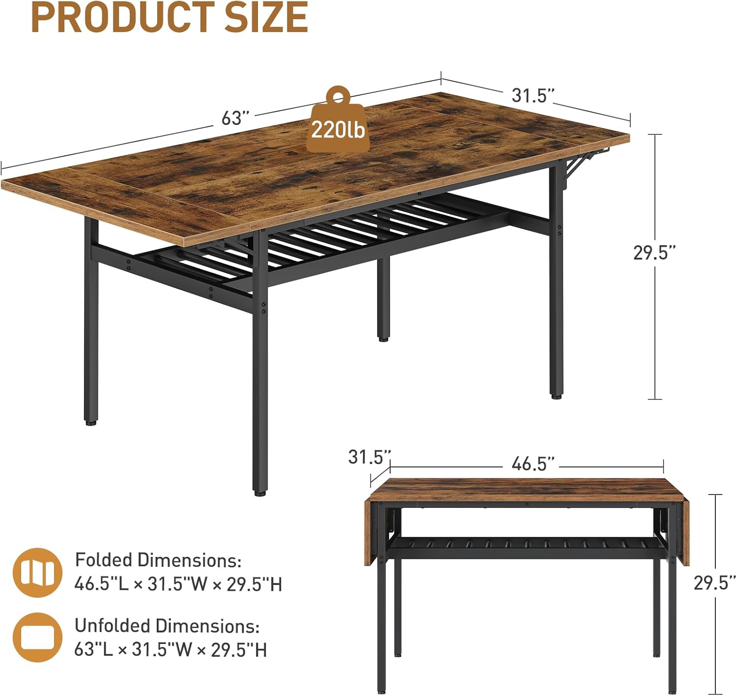 RALGEND 63" Extendable Dining Table for 4-6, Folding Kitchen Table with Drop Leaf, Farmhouse Dining Room Tables with Wine Rack, for Kitchen and Dining Room, Rustic Brown and Black