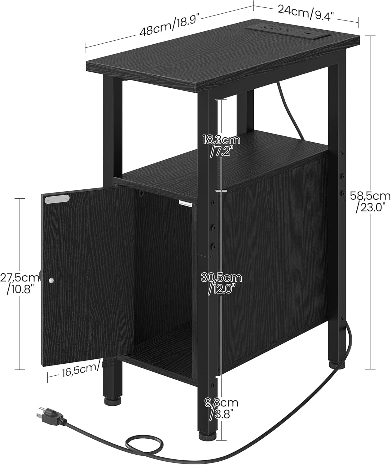 CHOEZON Farmhouse End Table, Narrow Side Table for Small Spaces, Slim Nightstand with Charging Station, with 2 AC Outlets, 1 USB and 1 Type-C Port, for Living Room, Bedroom, Black TBZ08UBB