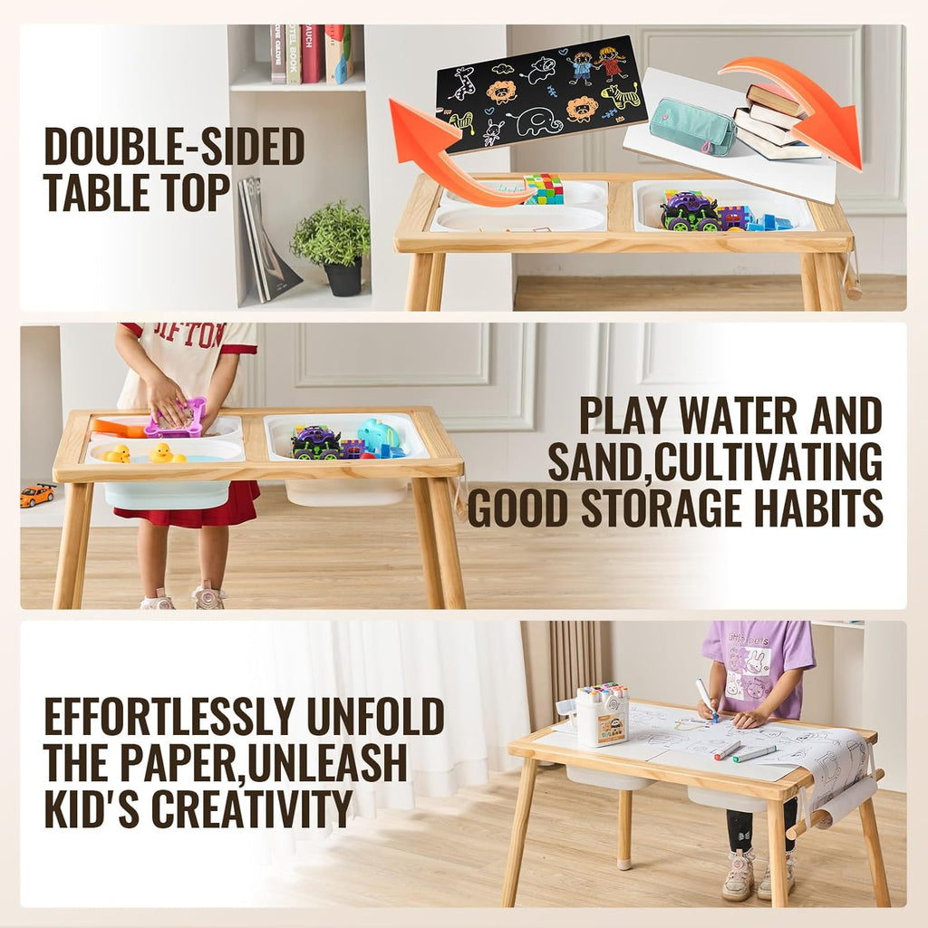 VEVOR Sensory Table for Toddlers, Activity with 3 Foldable Storage Bins, Paper Roll Holder, Indoor/Outdoor Play Sand and Water, Wooden Drawing Table, Gift for Boys Girls