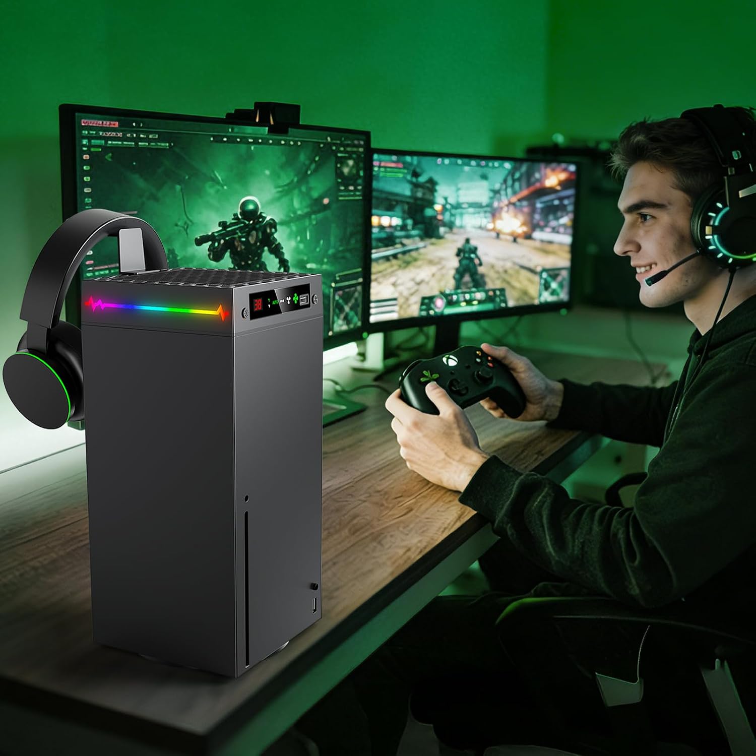 Auto Cooling Fan for Xbox Series X with LED Temperature Display & 9 RGB Lighting Modes, Smart Thermally-Adjustable Cooling System for Xbox Series X, Separate Cooler&Light Switch, Headset Hook,USB Port