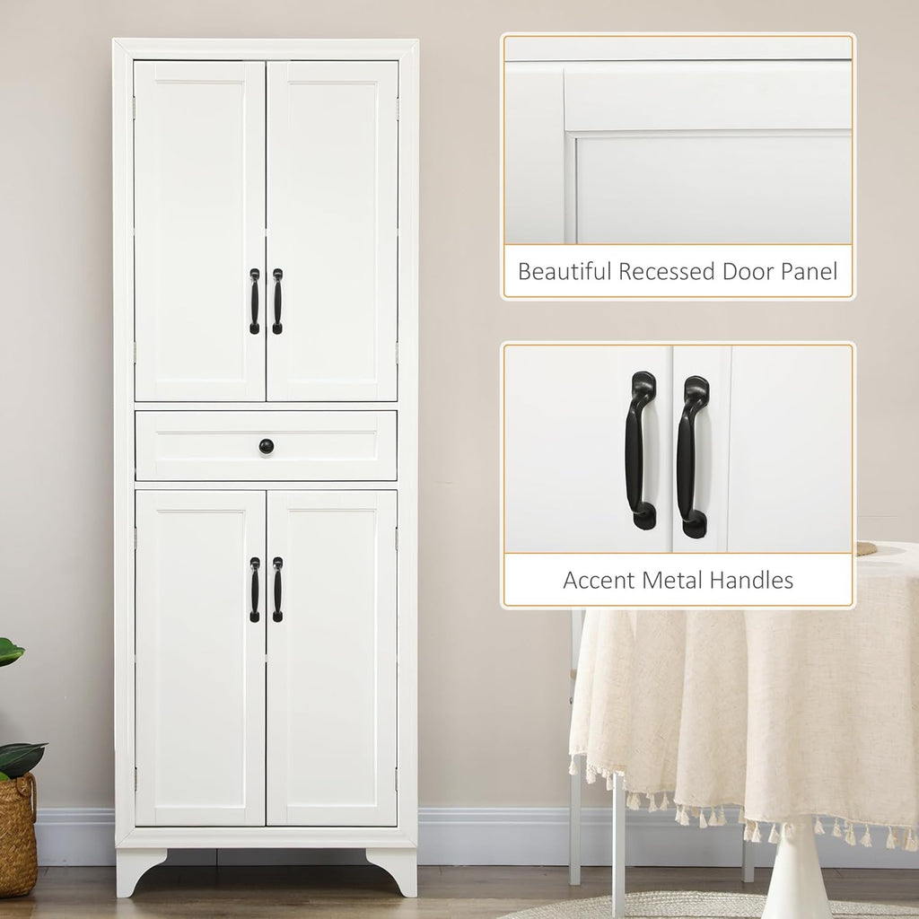 67" Tall Kitchen Pantry Cabinet, 4-Door Storage with Drawer & Adjustable Shelves, Stylish White Cabinet for Dining Room
