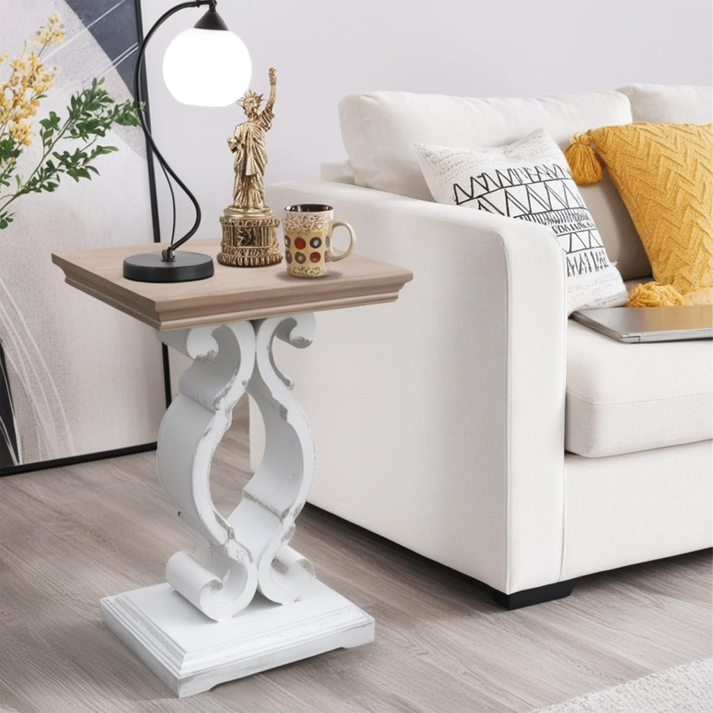 TwinLakes Farmhouse Side Table | Distressed White French Country End Table with Hand-Carved Legs & Solid Wood Top, Accent Table for Living Room