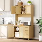 71" Tall Rattan Door Kitchen Pantry Cabinet, Freestanding Storage Hutch with 3 Drawers, 6 Hooks, Adjustable Shelves, Microwave Stand for Living Room, Kitchen