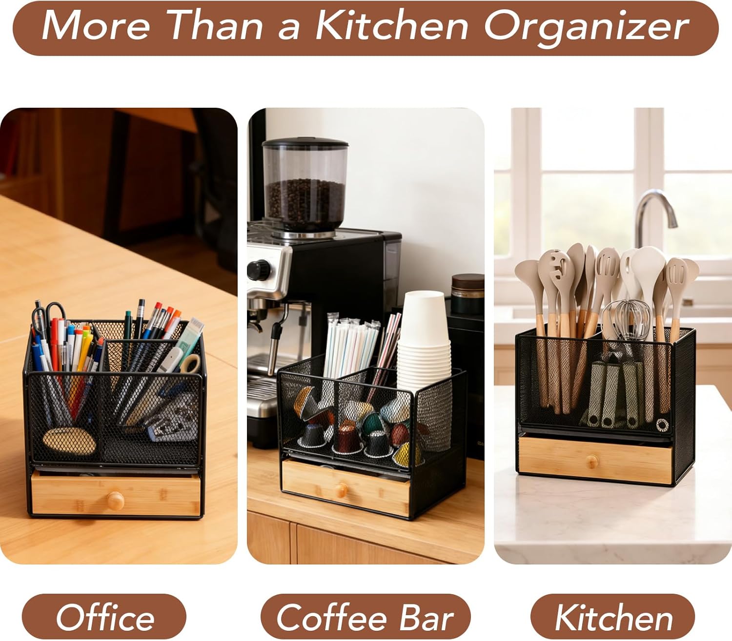 Kitchen Utensil Holder Countertop, Extra Large Utensil Organizer with Drawer, 2 Tier Utensil & Silverware Holder for Counter, Countertop Organizer for Cooking Utensil Cutlery, Quick Dry Diatomite Base
