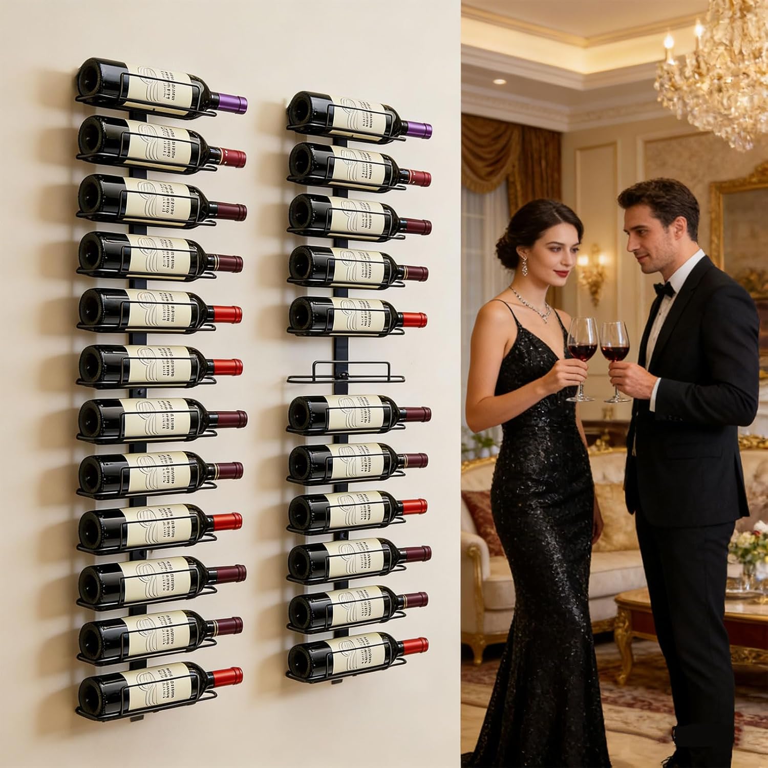 Wall Mount Wine Rack – 24 Bottles – Black Metal Wine Bottle Holder for Wall, Wine Rack Display for Home Bar, Kitchen
