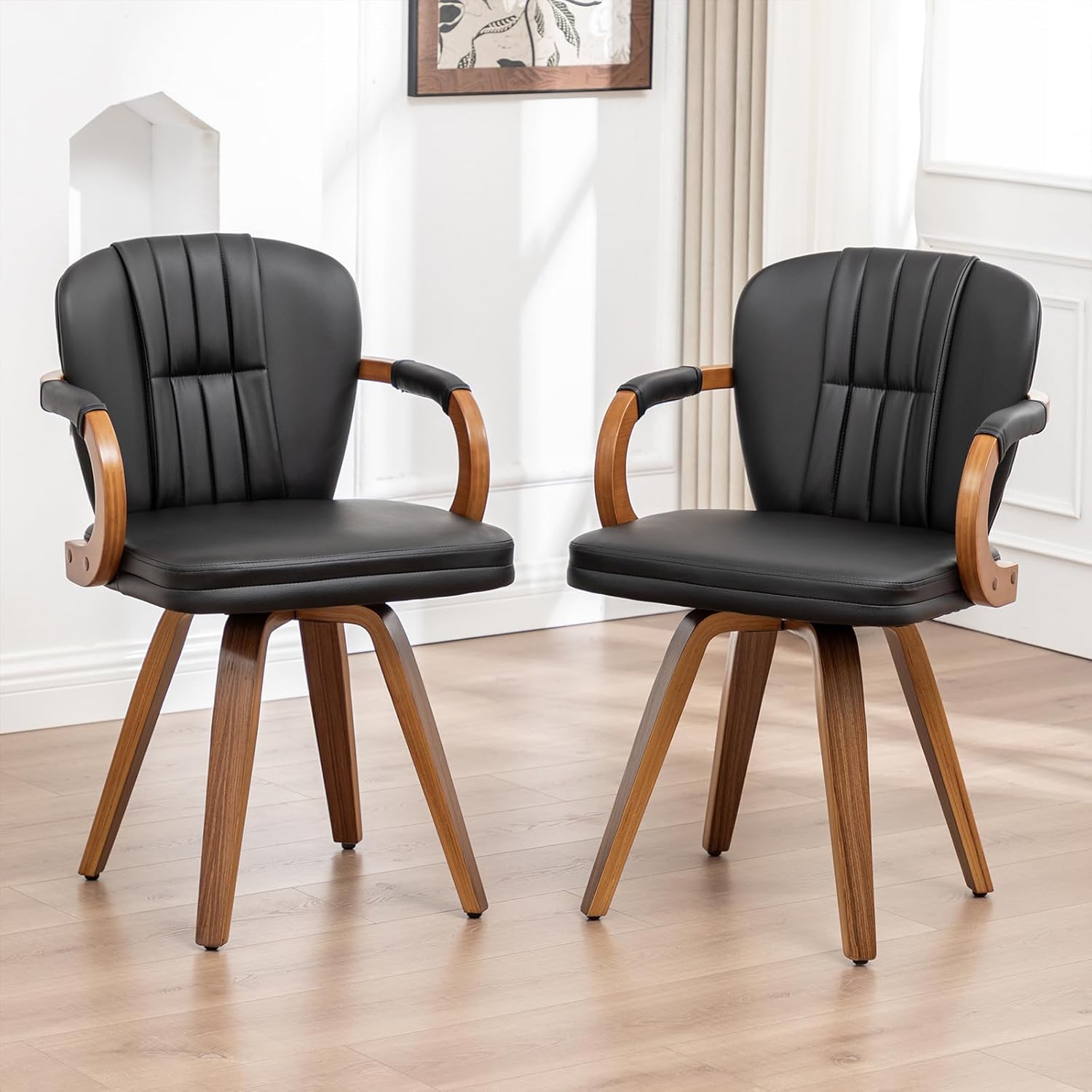 Swivel Dining Chairs Set of 2 Mid Century Modern Black Faux Leather Upholstered Kitchen Chairs with Bentwood Frame Armrests Side Chairs,Comfortable Ergonomic Wood Accent Chair No Wheels