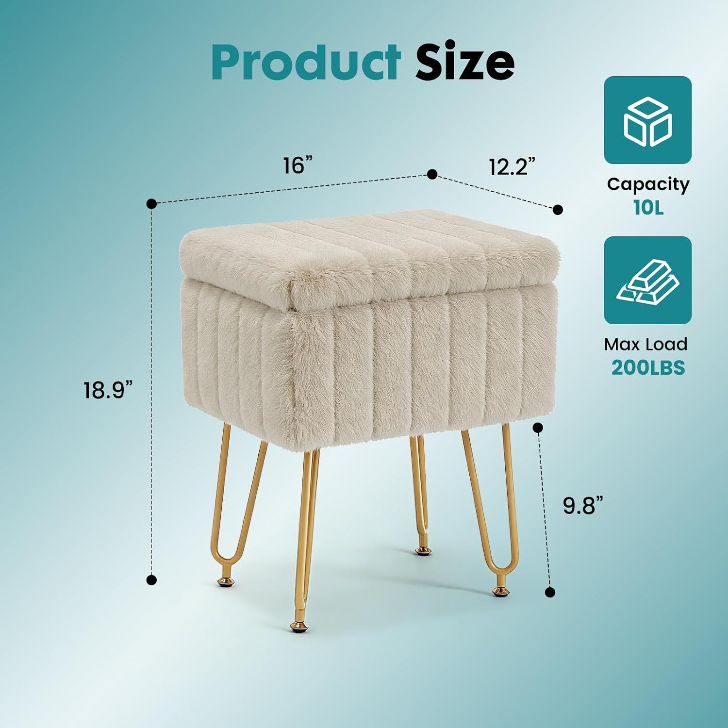 OLIXIS Vanity Stool Chair Faux Fur with Storage, Soft Ottoman 4 Metal Legs with Anti-Slip Feet, Makeup Cute Soft Small Footstool, Modern Style Faux Fur Seat for Makeup, Bedroom Dresser, Camel
