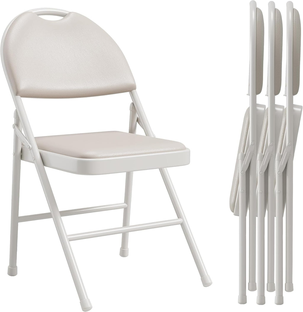 GAOMON 4 Pack Folding Card Chairs, Thickened Padded PU Cushion, Metal Legs and Non-Slip Feet Pads, Portable Stackable Commercial Seat for Events, Office, Wedding, Party, Beige