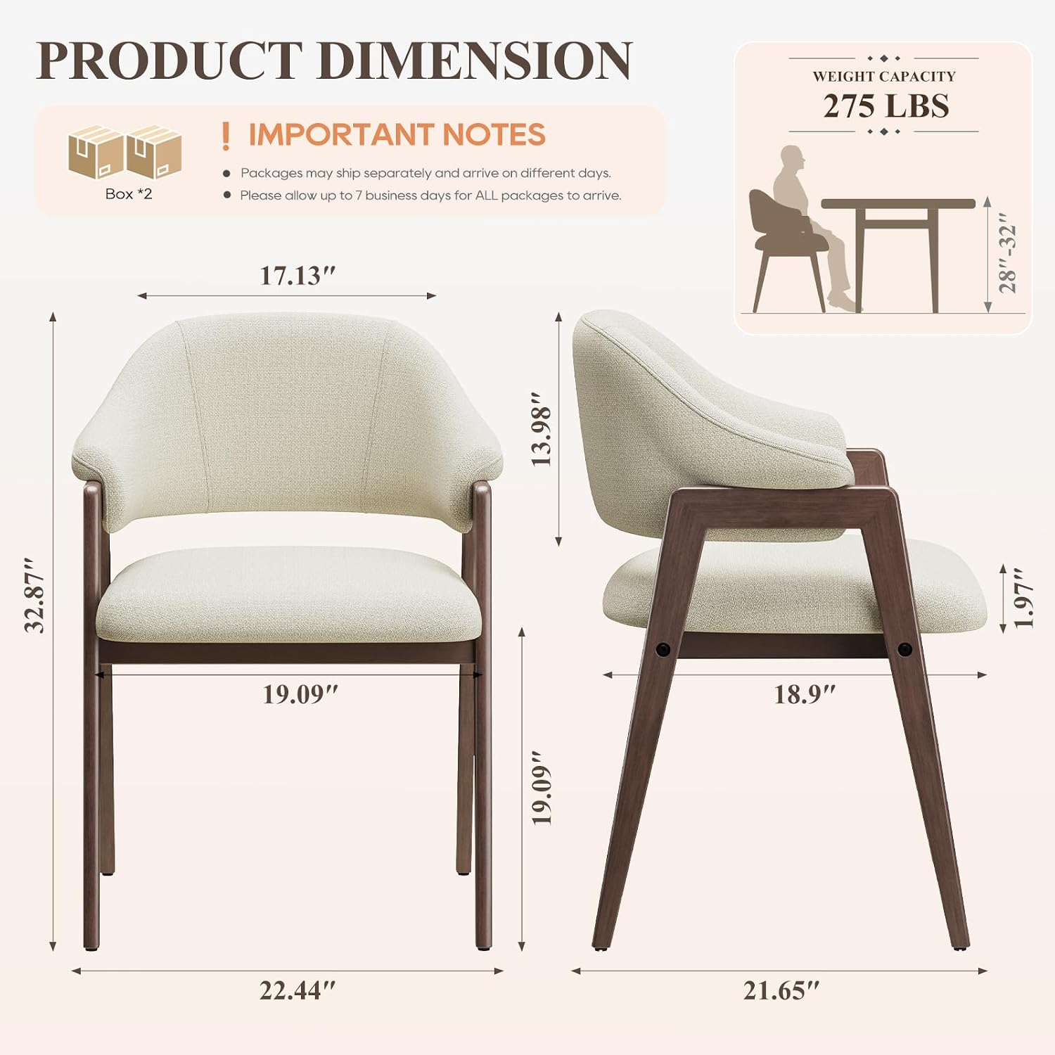 MALOL Wooden Dining Chairs Set of 4, Modern Fabric Upholstered Dining Room Chair, Kitchen Side Chairs, Farmhouse Dinner Chair with Curved Open Back for Kitchen, Beige