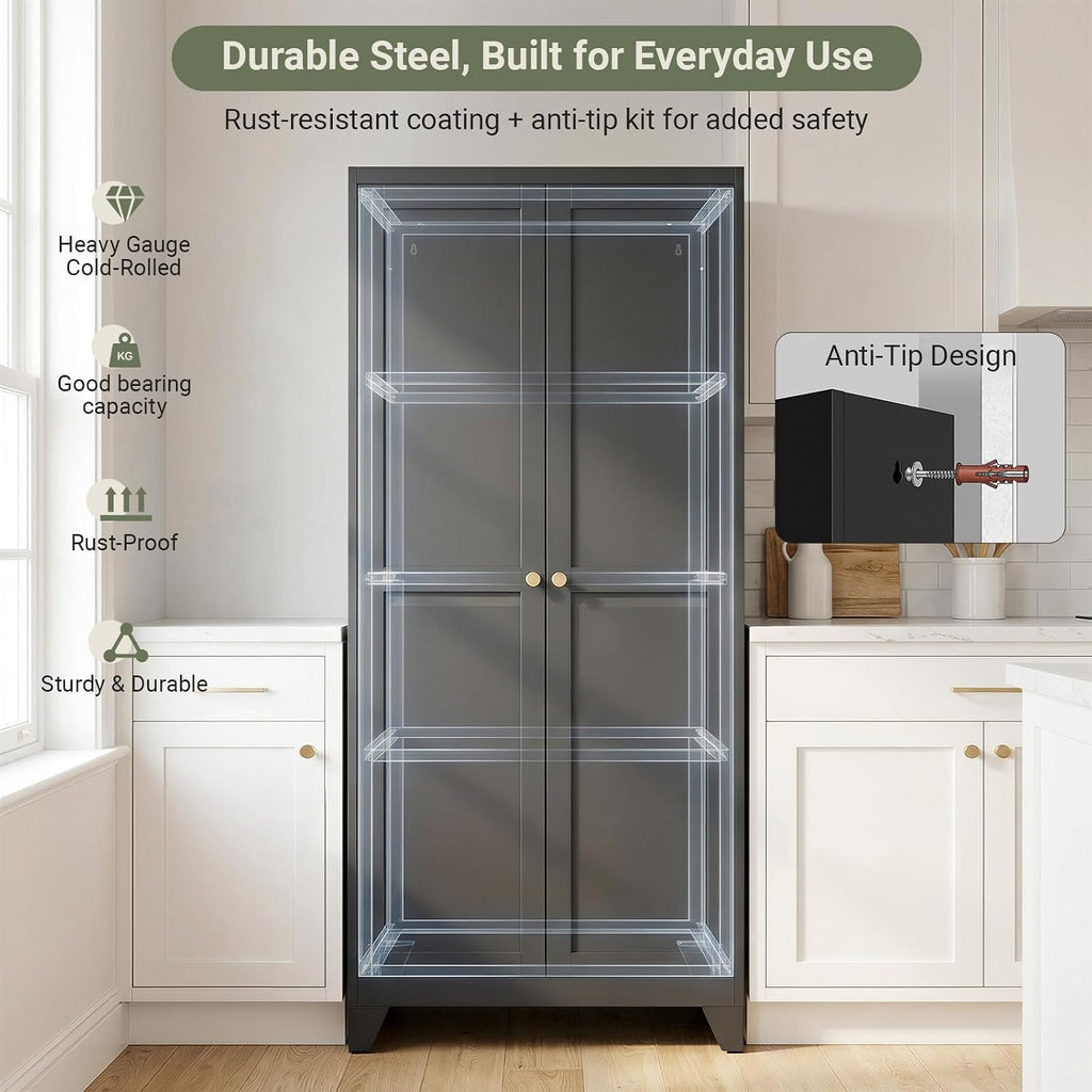 75" Metal Kitchen Storage Cabinet with Doors, Freestanding Steel Pantry Cabinet, 5 Adjustable Shelves, for Dining Room, Black