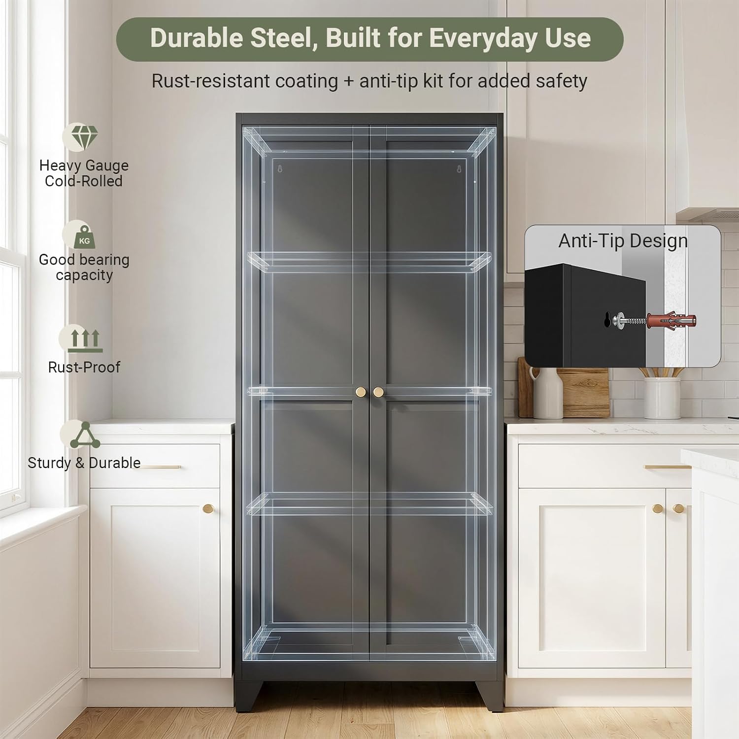 75" Metal Kitchen Storage Cabinet with Doors, Freestanding Steel Pantry Cabinet, 5 Adjustable Shelves, for Dining Room, Black