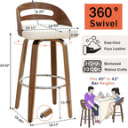 Bar Stools Set of 2, Swivel Bar Stools with Walnut Craftsmanship, Bentwood Curved Back, Upholstered Faux Leather, Soft Cushion Seat, Mid Century BarStools for Bar/Pub/Cafe (Beige, 30" Seat Height)
