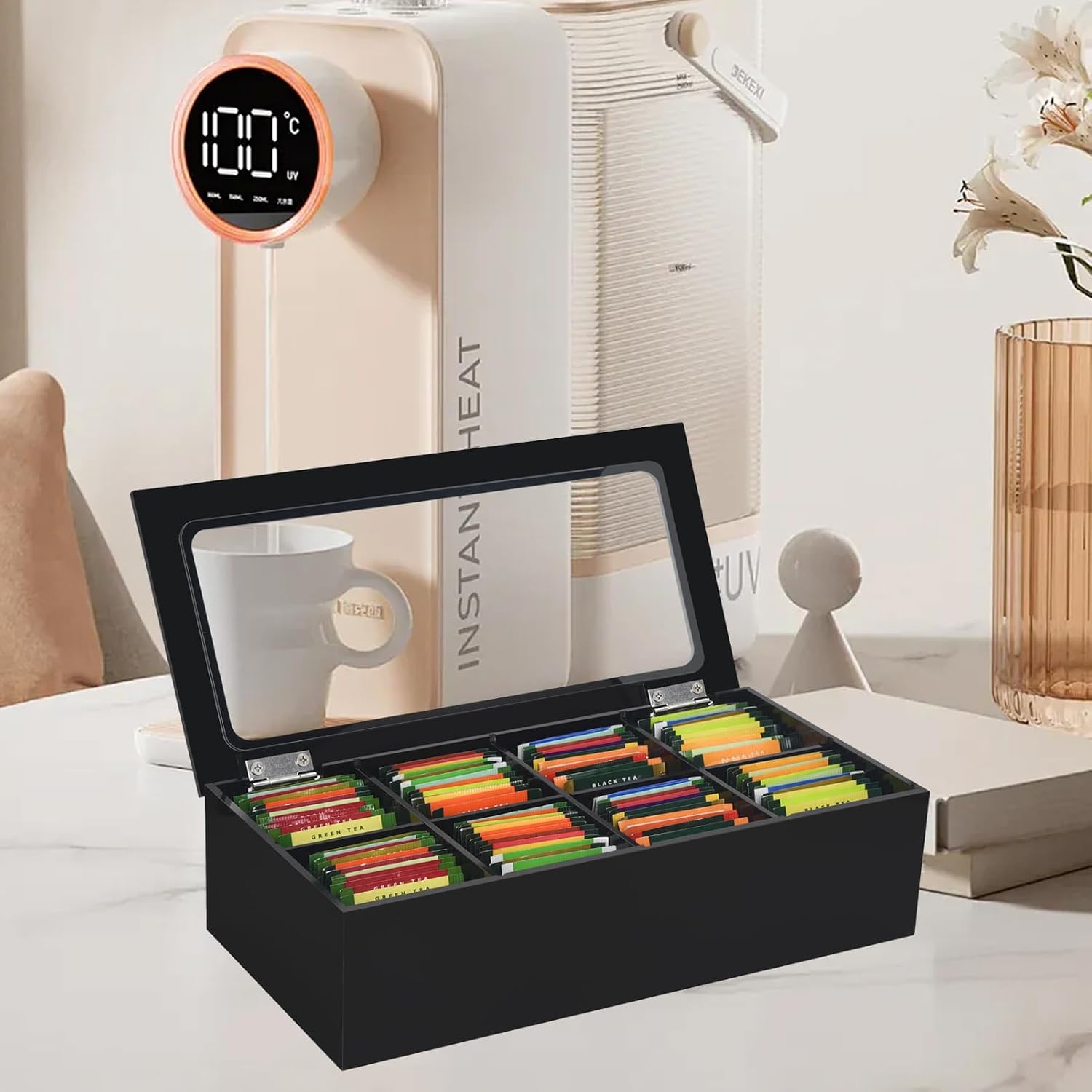 Tasybox Tea Bag Organizer, Acrylic Tea Box with Lid, Black Teabag Holder | 8 Slot Tea Bag Holder, Large Capacity Teabag Storage Box, Tea Organizers and Storage for Countertop, Pantry, Kitchen, Cabinet