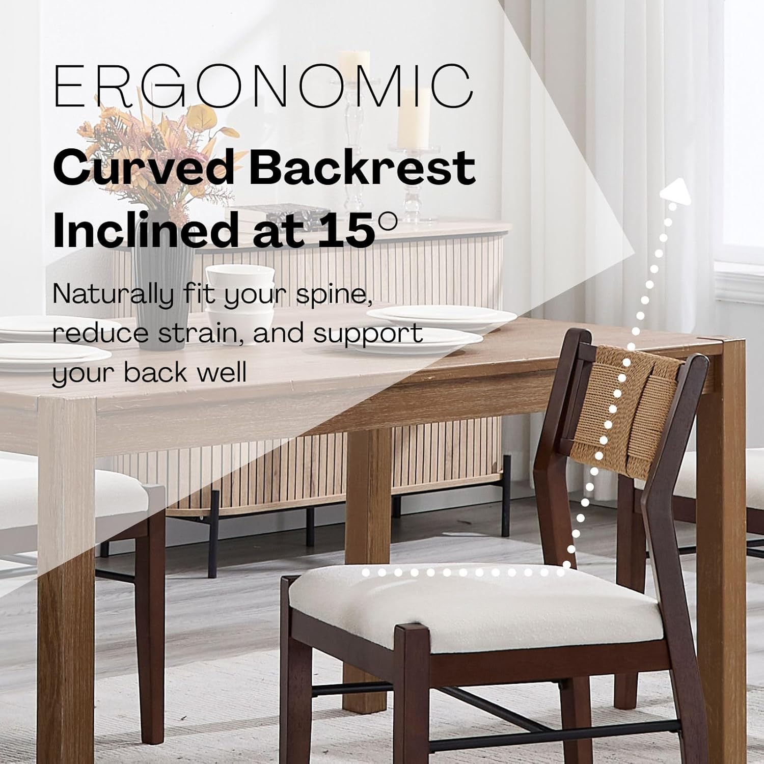 BESTANO Modern Armless Dining Chairs with Rope Woven Back Set of 2, White Upholstered Kitchen & Dining Room Chairs, Mid-Century Classic Farmhouse Wooden Side Chair