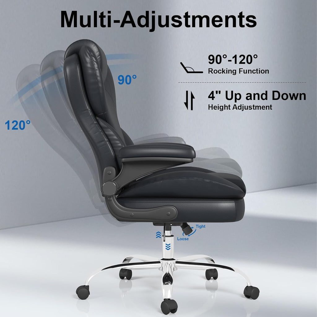 Office Chair, Home Desk Chair, Ergonomic Computer Chair with Lumbar Support, Executive Leather Chair with Flip-Up Armrests, Big and Tall Swivel Rolling Chair, PU Leather, Black