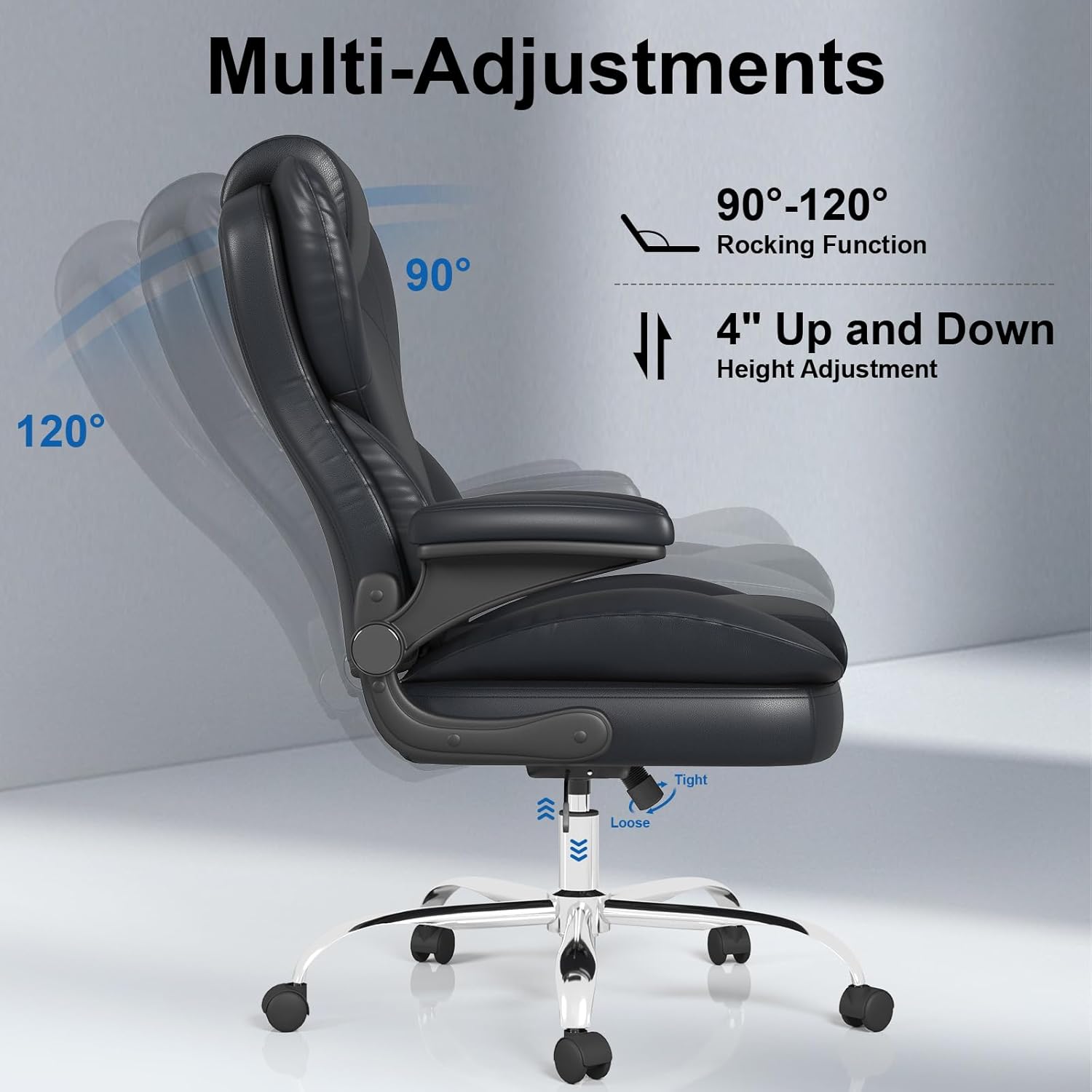 Office Chair, Home Desk Chair, Ergonomic Computer Chair with Lumbar Support, Executive Leather Chair with Flip-Up Armrests, Big and Tall Swivel Rolling Chair, PU Leather, Black