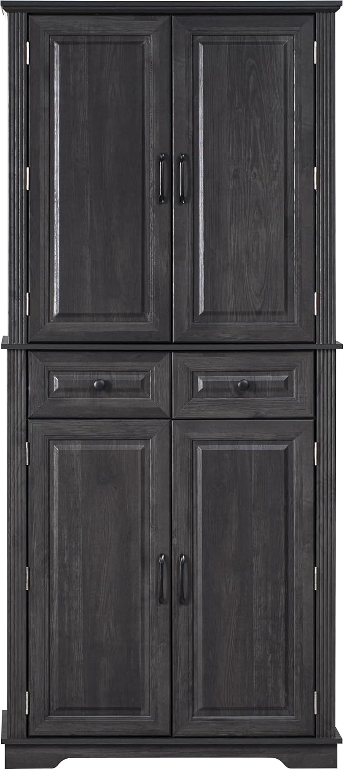 Ball & Cast 71" Tall Kitchen Pantry Cabinet W/3 Pull Out Organizers,Farmhouse Embossed Texture Storage Cabinet W/6 Door Shelves & 2 Drawers,Freestanding Cupboard for Kitchen,Dining Room,Black