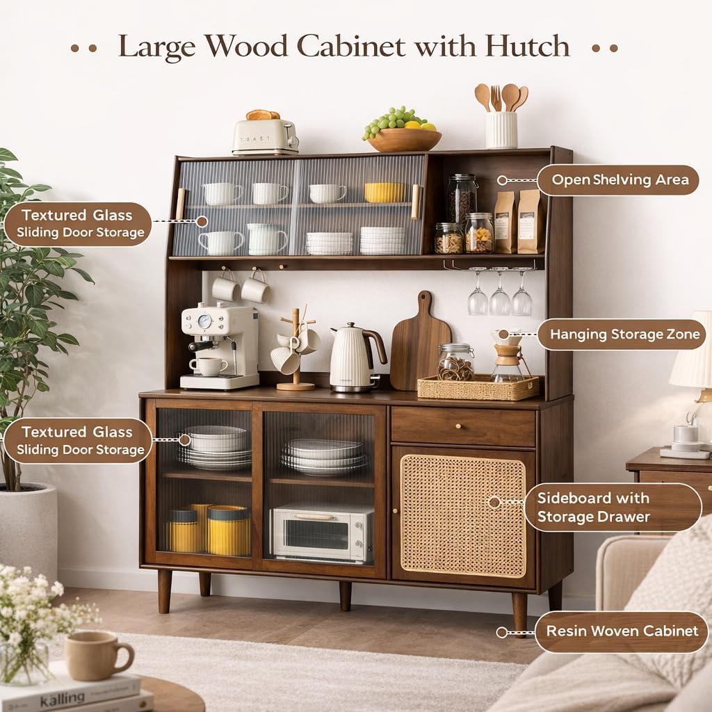 Welnown Kitchen Hutch Cabinet with Countertop, 69" Tall Pantry Storage Cabinet, Rattan Solid Wood Buffet Sideboard, Entryway Storage Table for Living Room, Dining Room, Walnut