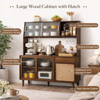 Welnown Kitchen Hutch Cabinet with Countertop, 69" Tall Pantry Storage Cabinet, Rattan Solid Wood Buffet Sideboard, Entryway Storage Table for Living Room, Dining Room, Walnut
