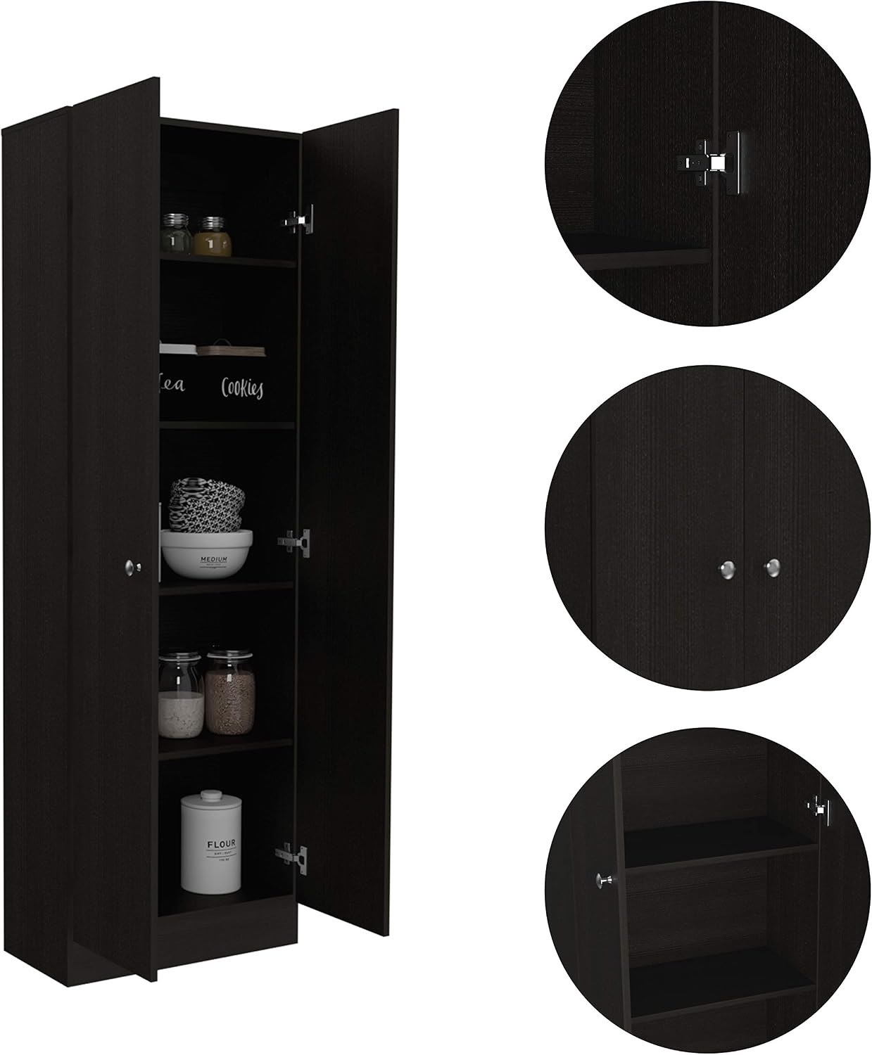 Multistorage Pantry Cabinet,Five Shelves,Double Door Cabinet for Kitchen,Laundry,Living Room,Bedroom-Black,23.6 * 11.8 * 11.8
