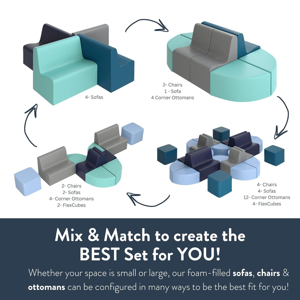 Children's Factory Large Contour Chair, Mix-and-Match Kids Chairs, Sofas, Corner Ottomans and Cubes, Foam-Filled and Water-Resistant, Flexible Seating for Classroom Elementary, Gray Chair