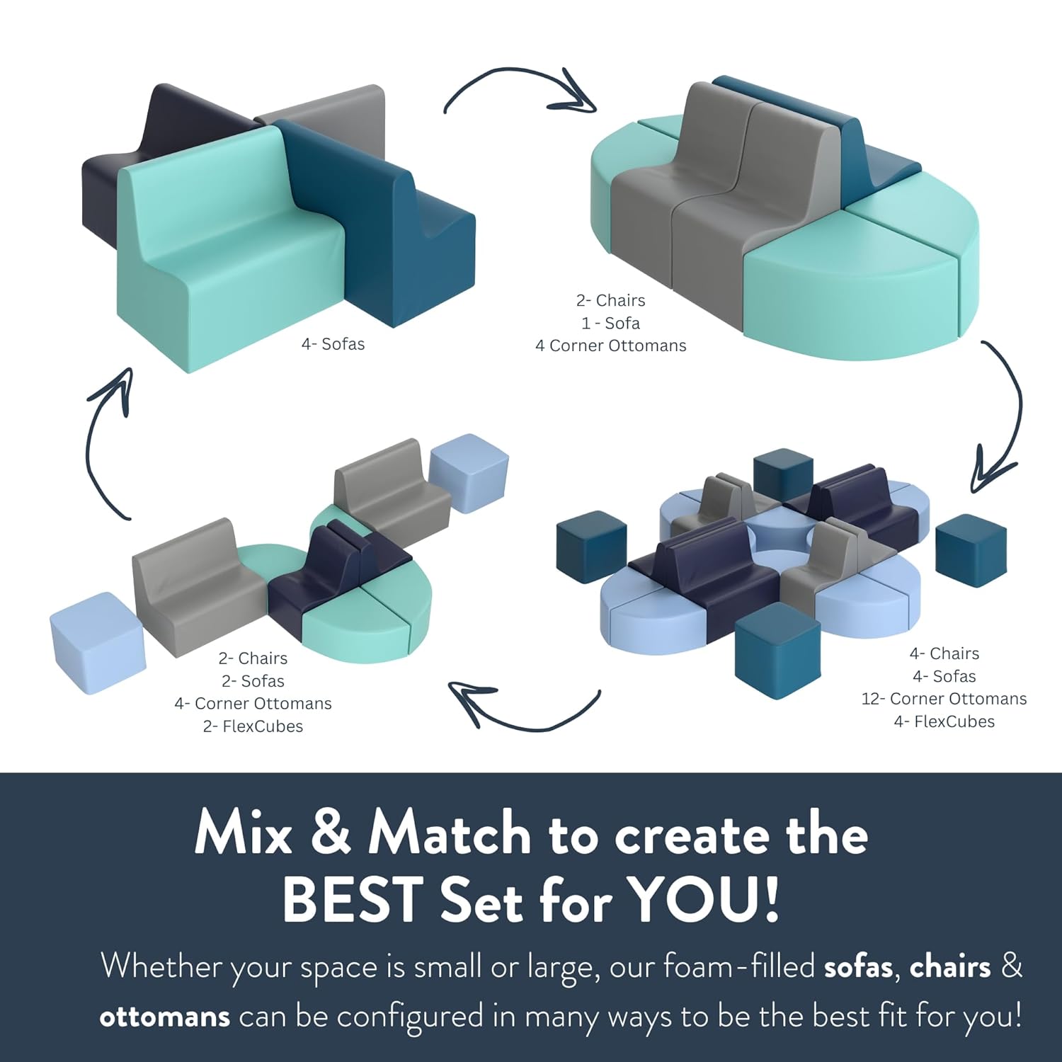 Children's Factory Large Contour Chair, Mix-and-Match Kids Chairs, Sofas, Corner Ottomans and Cubes, Foam-Filled and Water-Resistant, Flexible Seating for Classroom Elementary, Gray Chair