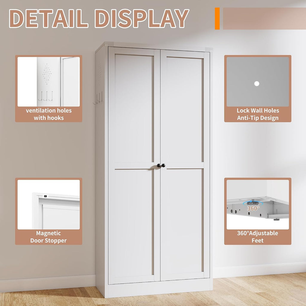 61'' White Metal Kitchen Pantry Cabinet - Heavy-Duty 4-Shelf Storage (110lb Capacity), Freestanding Organizer with Magnetic Door, Adjustable Leveling Feet, Tool-Free Assembly for Kitchen & Living Room