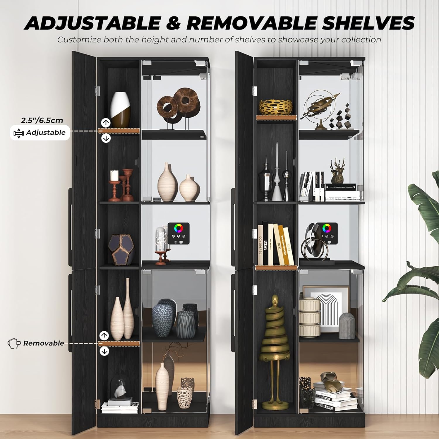 VersionTECH. Glass Display Cabinet with RGB Lights, 5-Tier Curio Cabinets with Glass Doors for Collectibles, Display Case with Adjustable Shelves, Human Sensor, Charging Station, Mirror Backing, Black
