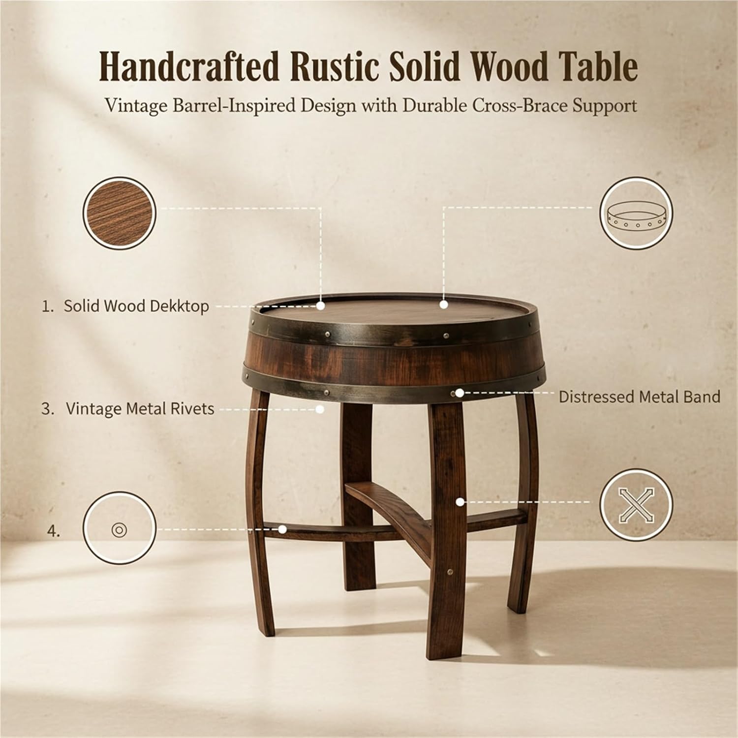 Rustic Round End Table, Whiskey Barrel End Table, Handcrafted Solid Farmhouse Side Table, 22.2" Dark Oak Accent Table for Living Room, Bedroom & Home Bar